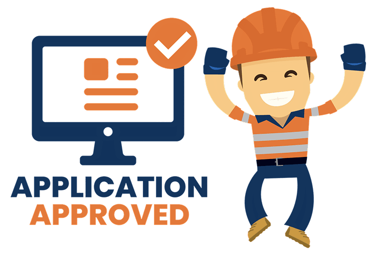 Tradie celebrating beside a monitor with a checkmark — application approved