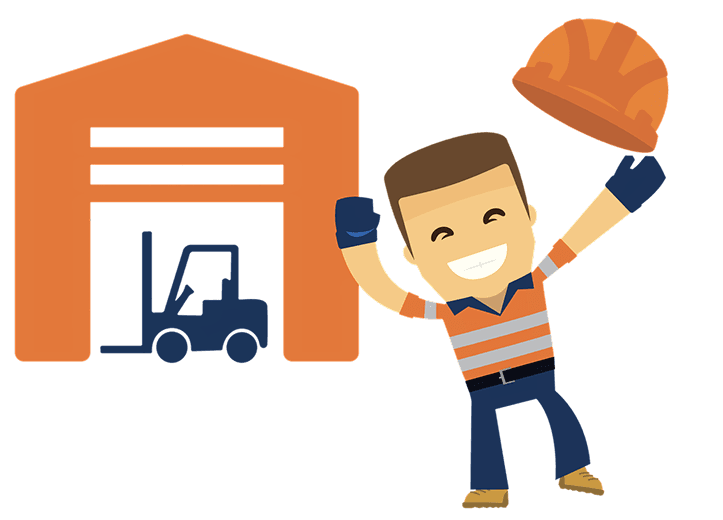 Tradie celebrating at a warehouse with a forklift — equipment delivery