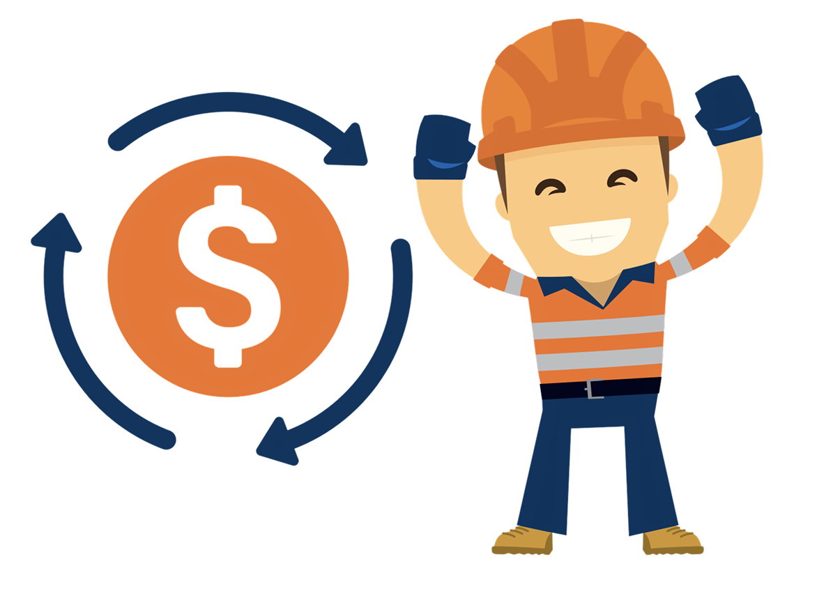 Tradie celebrating beside a dollar sign with circular arrows — extra payments kept in credit