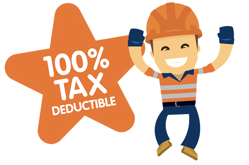 Tradie celebrating beside a star marked 100% tax deductible — significant tax benefits for small business